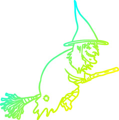 cold gradient line drawing cartoon witch on broom