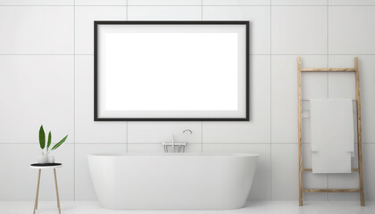 Naklejka na ściany i meble a big wall art frame mockup with white background, simple and elegant, bathroom interior, abstract design, clean lines, wall art in bathroom, bathroom decor, wall decor, AI generated