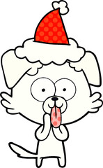comic book style illustration of a dog with tongue sticking out wearing santa hat