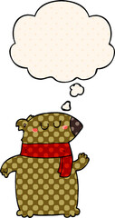 cartoon bear with scarf and thought bubble in comic book style