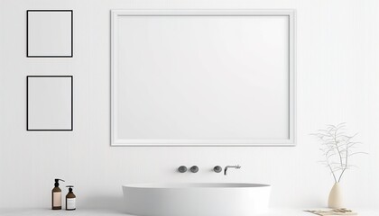 Fototapeta na wymiar a big wall art frame mockup with white background, simple and elegant, bathroom interior, abstract design, clean lines, wall art in bathroom, bathroom decor, wall decor, AI generated