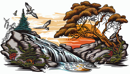 Sunset waterfall landscape illustration vector graphic	
