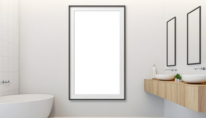 a big wall art frame mockup with white background, simple and elegant, bathroom interior, abstract design, clean lines, wall art in bathroom, bathroom decor, wall decor, AI generated