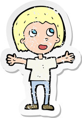 retro distressed sticker of a cartoon happy person