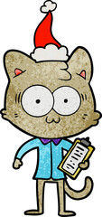 textured cartoon of a surprised office worker cat wearing santa hat