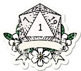 natural one d20 dice roll grunge sticker