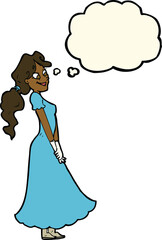 cartoon pretty woman in dress with thought bubble