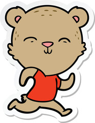 sticker of a happy cartoon bear jogging