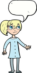 cartoon worried girl with speech bubble