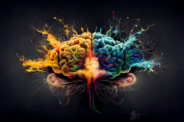 A brain bursting out in colorful particles of creativity