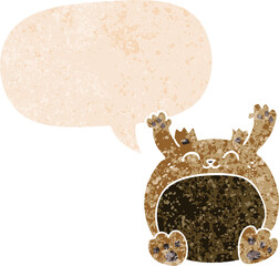 cartoon bear and speech bubble in retro textured style