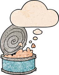 cartoon canned fish and thought bubble in grunge texture pattern style