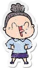 distressed sticker of a cartoon happy old woman