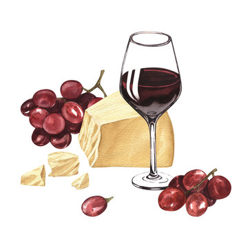 Watercolor illustration of the one glass of red wine, grape and parmesan cheese. Picture of an alcoholic drink isolated on the white background. Concept for wine list, label, banner, menu, template