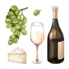 Watercolor illustration of the bottle, one glass wine and green grape. Picture of a alcoholic drink isolated on the white background. Concept for wine list, label, banner, menu, brochure template.