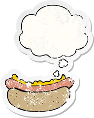 cartoon hotdog and thought bubble as a distressed worn sticker