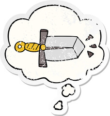 cartoon sword and thought bubble as a distressed worn sticker