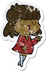 distressed sticker of a cartoon woman laughing