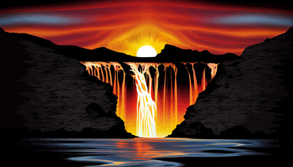 Sunset waterfall landscape illustration vector graphic	

