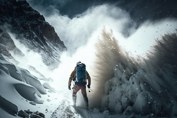 Descent of an avalanche on a climber in the mountains.Photorealistic shot generated by AI.