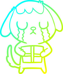 cold gradient line drawing cute cartoon dog with christmas present