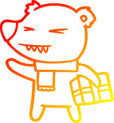 warm gradient line drawing cartoon angry polar bear with xmas present