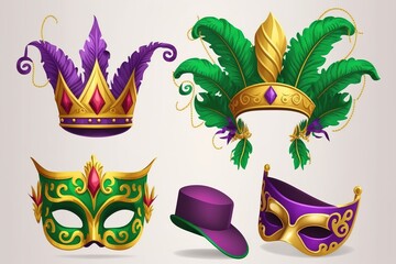Mardi Gras party set of items. stock illustration Mardi Gras, Mask - Disguise, Crown - Headwear, Icon, Vector