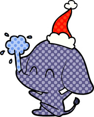 cute comic book style illustration of a elephant spouting water wearing santa hat