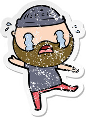 distressed sticker of a cartoon bearded man crying