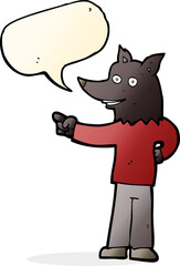 cartoon wolf man pointing with speech bubble