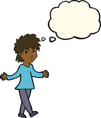 cartoon woman shrugging shoulders with thought bubble