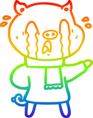 rainbow gradient line drawing crying pig cartoon wearing human clothes