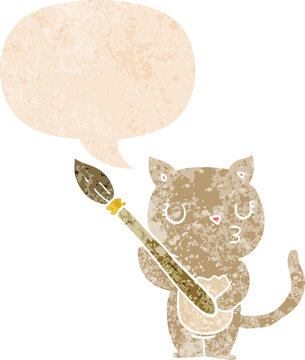 cute cartoon cat and speech bubble in retro textured style