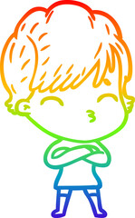 rainbow gradient line drawing cartoon woman thinking