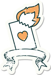 grunge sticker with banner of a flaming card