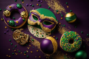 Mardi Gras King Cake sufganiyot donuts, masquerade festival carnival masks, gold beads and golden, green, purple confetti on purple background. Holiday party invitation, greeting card concept