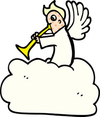 cartoon doodle angel on cloud with trumpet