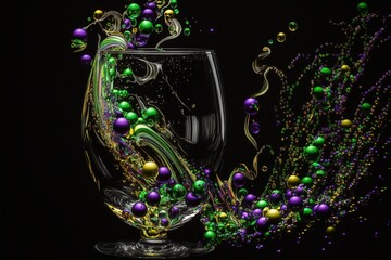 Mardi Gras image of purple, green and gold beads and ribbons spilling out of a party drink glass on black background. Copy space