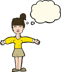 cartoon woman shrugging shoulders with thought bubble