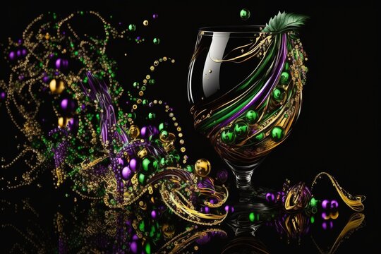 Mardi Gras image of purple, green and gold beads and ribbons spilling out of a party drink glass on black background. Copy space