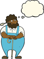cartoon farmer leaning on walking stick with thought bubble