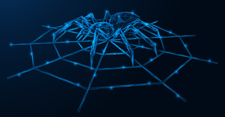 Spider on a web. Polygonal design of interconnected lines and points. Blue background.