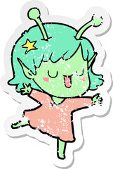 distressed sticker of a happy alien girl cartoon