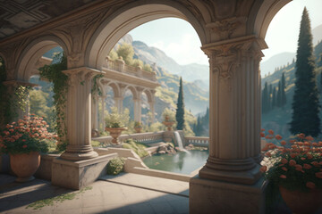 Picturesque Garden With Arches And Columns, Greek Inspired Architecture .generative Ai