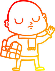 warm gradient line drawing cartoon bald man with xmas gift