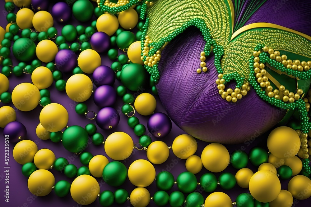 Wall mural mardi gras carnival decoration beads yellow green purple background stock photo mardi gras, backgrou