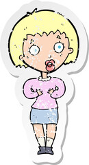 retro distressed sticker of a cartoon woman making Who Me gesture