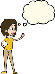 cartoon woman waving with thought bubble