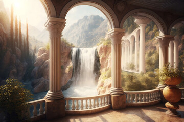 Picturesque View With A Waterfall In The Distance, Arches And Columns, Greek Inspired Architecture .generative Ai
