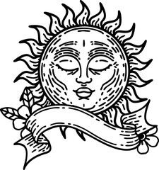 black linework tattoo with banner of a sun